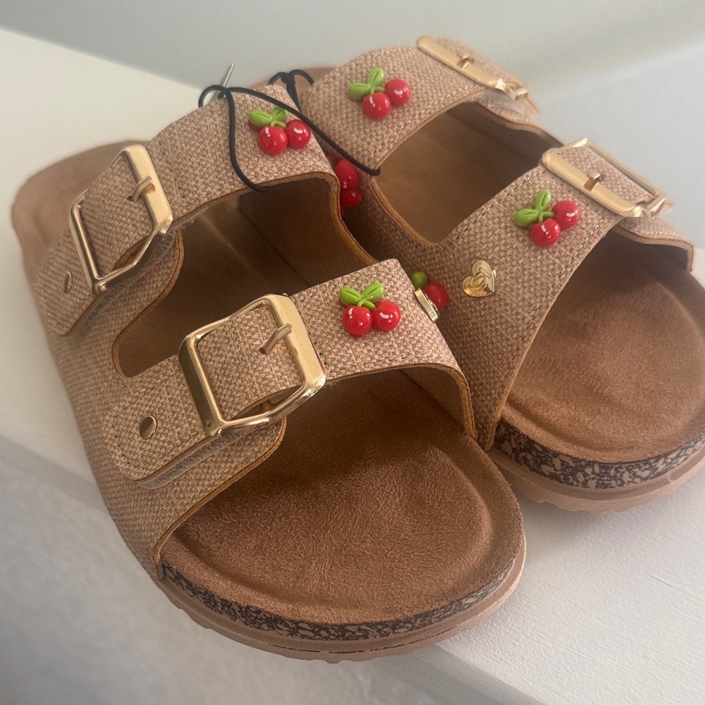 Kids Tan Slide Sandals with Cherry Accents